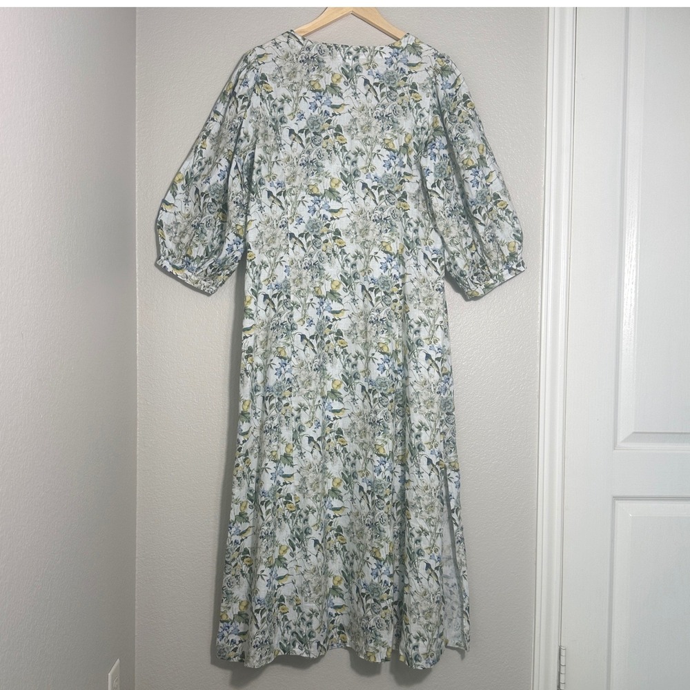 J.Jill Linen Midi Dress Large Lucite Bird Utopia Puff Sleeve Cottage Coastal - Picture 4 of 16